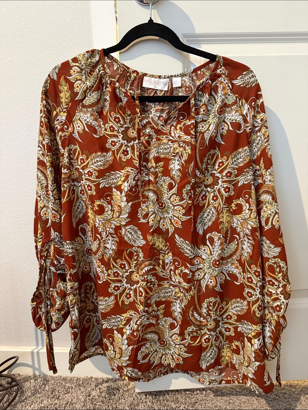 Belle by Kim Gravel - Rust Floral Tie-Sleeve Blouse